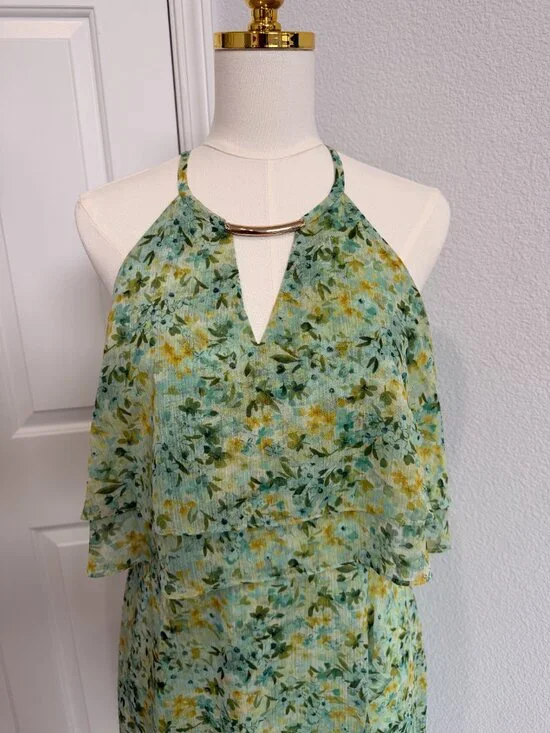 Floral Halter Midi Dress Green Yellow Tiered Feminine Spring Dress - Picture 2 of 6